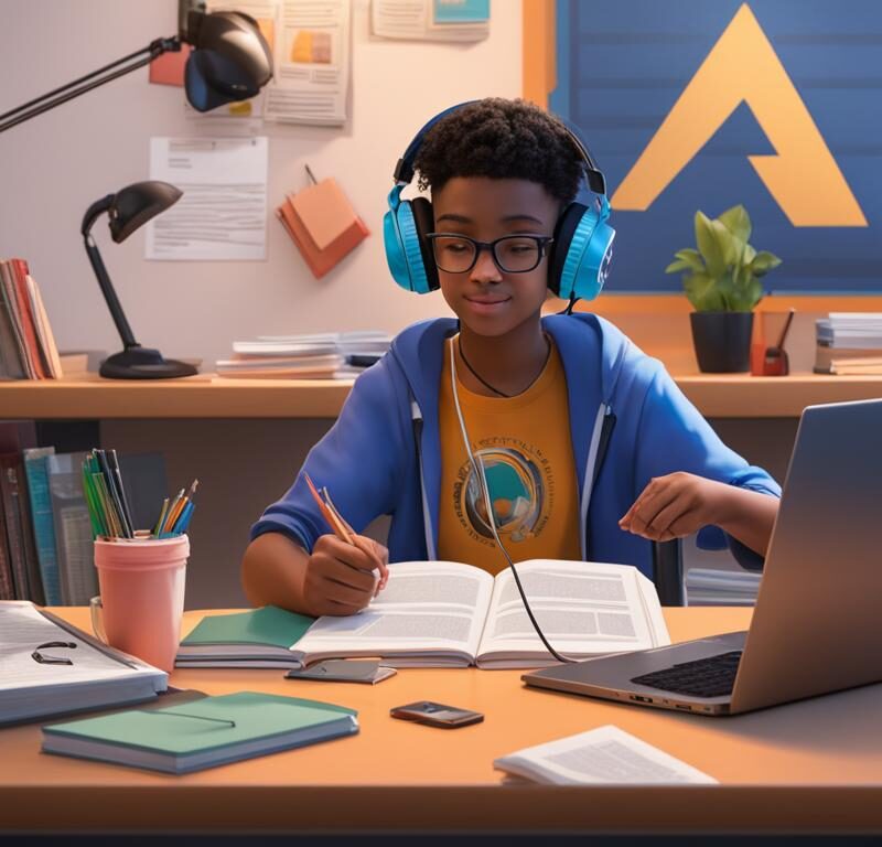 Student using headphones while studying