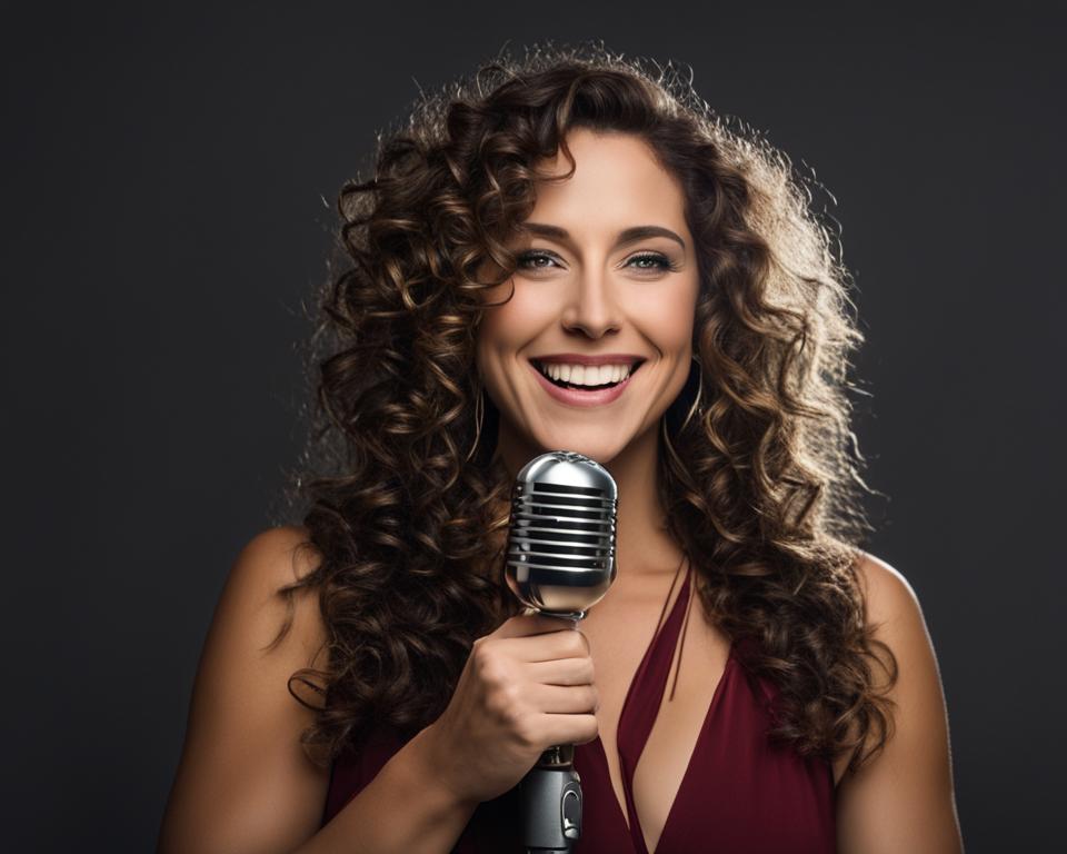 Amanda Ronconi smiling with a microphone in front of her